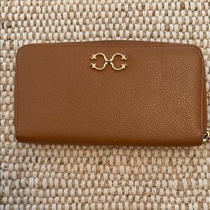 Tan Leather Zip-Around Wallet with Gold Logo Accent